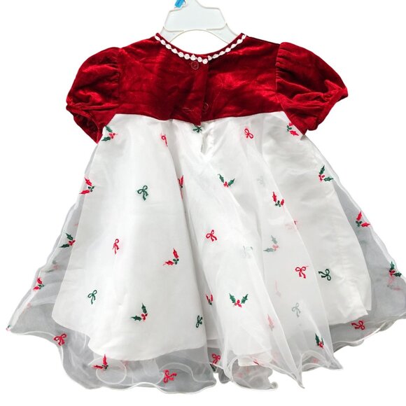 Vintage Bonnie Baby 18-24M Christmas Dress Puff Sleeve Red Velvet Tulle Party - Picture 2 of 6